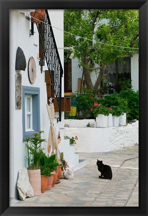 Framed Street View with Black Cat, Manolates, Samos, Aegean Islands, Greece Print