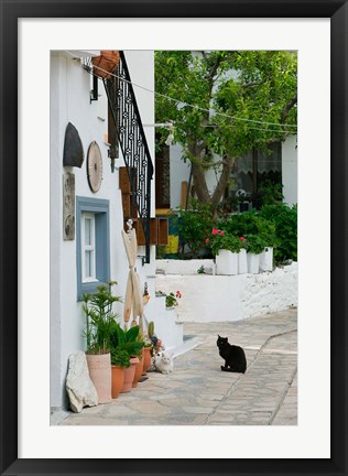 Framed Street View with Black Cat, Manolates, Samos, Aegean Islands, Greece Print