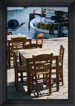 Framed Waterfront Cafe Tables, Skala Sykaminia, Lesvos, Mithymna, Northeastern Aegean Islands, Greece Print