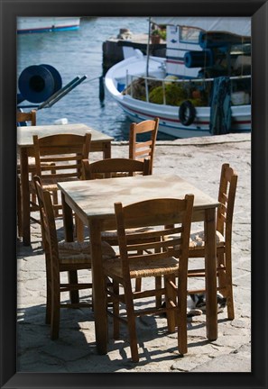 Framed Waterfront Cafe Tables, Skala Sykaminia, Lesvos, Mithymna, Northeastern Aegean Islands, Greece Print