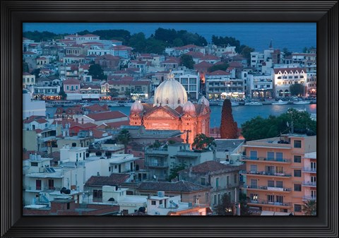 Framed Waterfront View of Southern Harbor and Agios Therapon Church, Lesvos, Mytilini, Aegean Islands, Greece Print