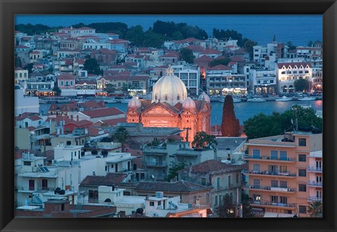 Framed Waterfront View of Southern Harbor and Agios Therapon Church, Lesvos, Mytilini, Aegean Islands, Greece Print