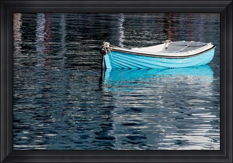 Framed Greece, Cyclades, Mykonos, Hora Blue Fishing Boat with Reflection Print