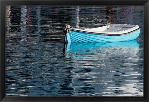 Framed Greece, Cyclades, Mykonos, Hora Blue Fishing Boat with Reflection Print