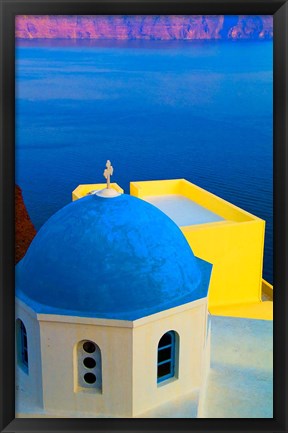 Framed Beautiful Church with Blue Roof, Oia, Santorini, Greece Print