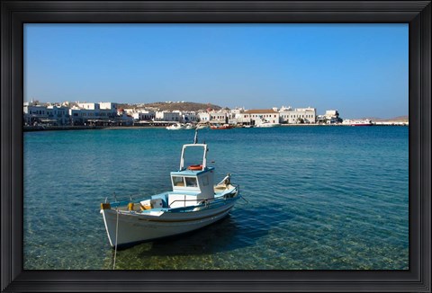 Framed Mykonos, Greece Boat off the island with view of the city behind Print