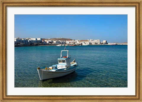 Framed Mykonos, Greece Boat off the island with view of the city behind Print