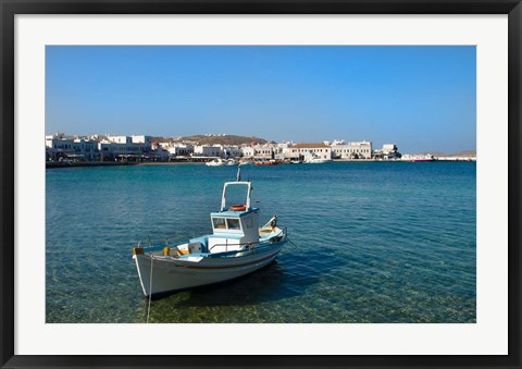 Framed Mykonos, Greece Boat off the island with view of the city behind Print