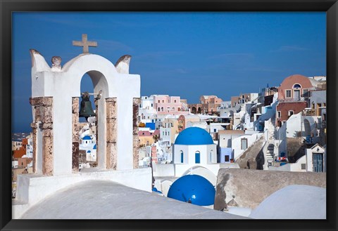 Framed Bell tower and blue domes of church in village of Oia, Santorini, Greece Print