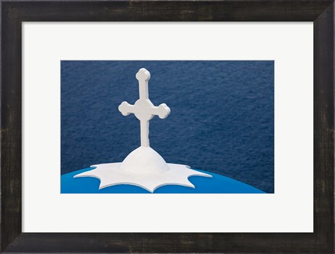 Framed Church with blue dome and white cross in village of Firostefani, Santorini, Greece Print