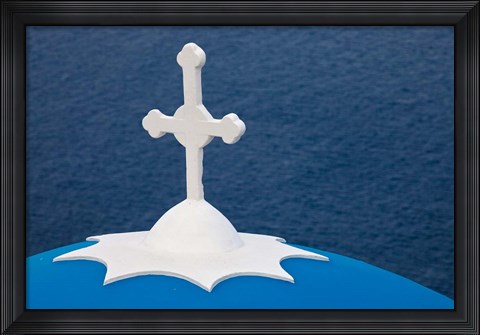 Framed Church with blue dome and white cross in village of Firostefani, Santorini, Greece Print