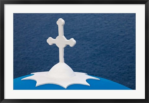 Framed Church with blue dome and white cross in village of Firostefani, Santorini, Greece Print