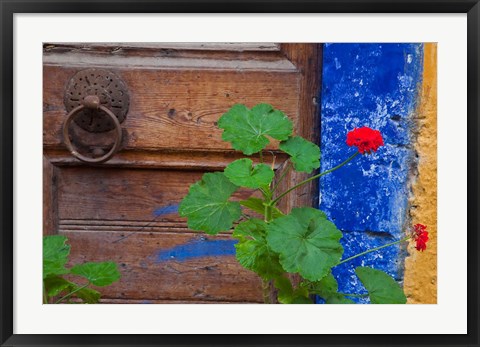 Framed Geraniums and old door in Chania, Crete, Greece Print