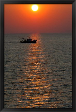 Framed Greece, Crete, Aegean sunset, Fishing Boat Print