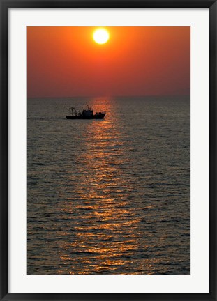 Framed Greece, Crete, Aegean sunset, Fishing Boat Print