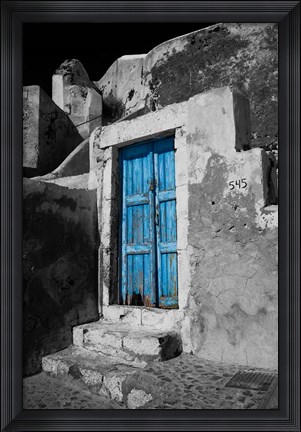 Framed Colorful Blue Door, Oia, Santorini, Greece Print