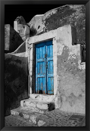 Framed Colorful Blue Door, Oia, Santorini, Greece Print