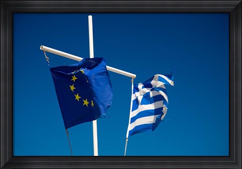 Framed Greece, Mykonos, Hora harbor, Union and Greek Flags Print