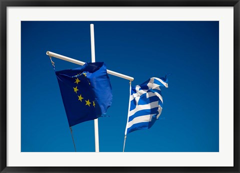 Framed Greece, Mykonos, Hora harbor, Union and Greek Flags Print