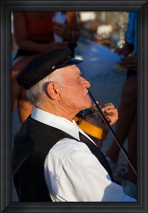 Framed Older Gentleman Playing The Violin, Imerovigli, Santorini, Greece Print