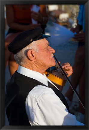 Framed Older Gentleman Playing The Violin, Imerovigli, Santorini, Greece Print