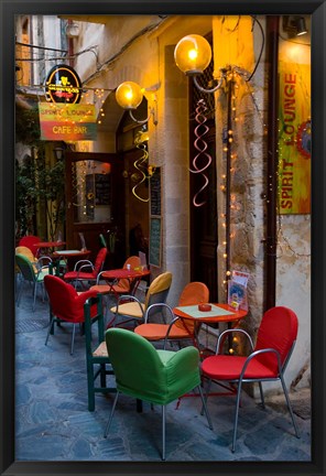 Framed Outdoor Cafe Seating, Chania, Crete, Greece Print