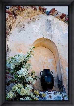 Framed Pottery and Flowering Vine, Oia, Santorini, Greece Print