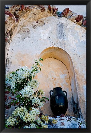 Framed Pottery and Flowering Vine, Oia, Santorini, Greece Print