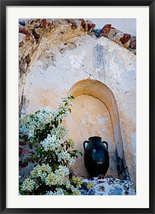 Framed Pottery and Flowering Vine, Oia, Santorini, Greece Print