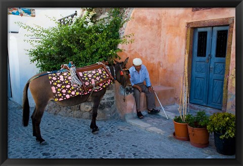 Framed Resting Elderly Gentleman, Oia, Santorini, Greece Print