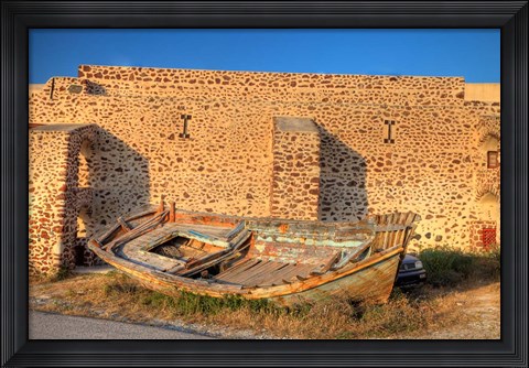 Framed Old fishing boat on dry land, Oia, Santorini, Greece Print