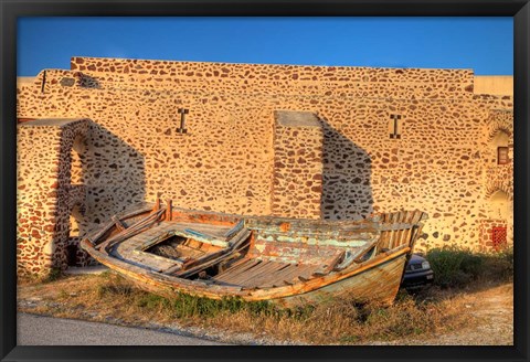 Framed Old fishing boat on dry land, Oia, Santorini, Greece Print