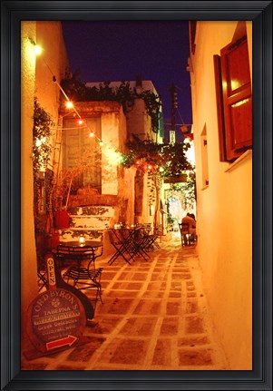 Framed Ios, Greece Restaurant setting on the Greek isle Print