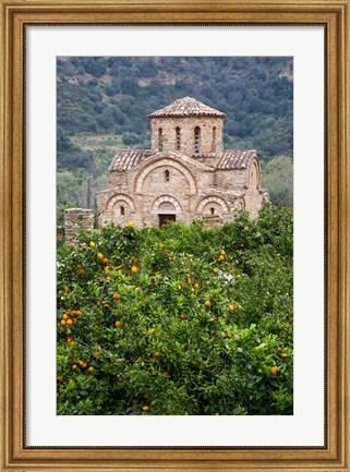 Framed Byzantine church near Fodele, Grove of orange trees and Church of the Panayia, Crete, Greece Print