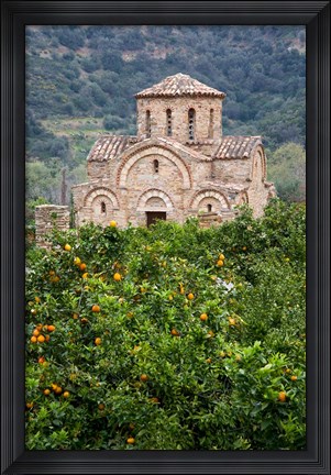 Framed Byzantine church near Fodele, Grove of orange trees and Church of the Panayia, Crete, Greece Print