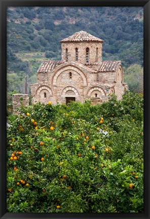 Framed Byzantine church near Fodele, Grove of orange trees and Church of the Panayia, Crete, Greece Print