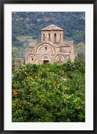 Framed Byzantine church near Fodele, Grove of orange trees and Church of the Panayia, Crete, Greece Print