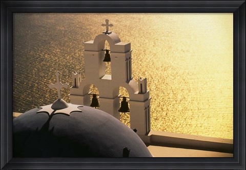 Framed Seaside church tower with bell, Santorini, Greece Print