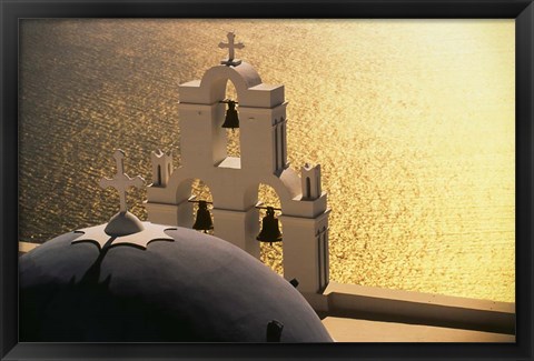 Framed Seaside church tower with bell, Santorini, Greece Print