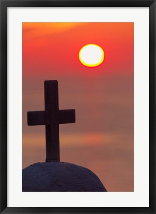 Framed Christian cross, sunset, Mykonos, Greece Print