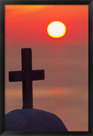 Framed Christian cross, sunset, Mykonos, Greece Print