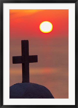 Framed Christian cross, sunset, Mykonos, Greece Print