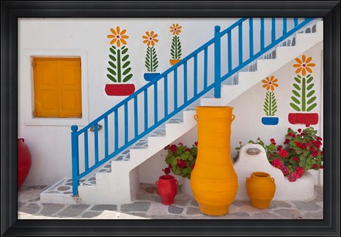 Framed Flowers and colorful pots, Chora, Mykonos, Greece Print