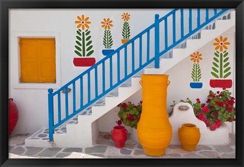 Framed Flowers and colorful pots, Chora, Mykonos, Greece Print