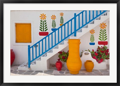 Framed Flowers and colorful pots, Chora, Mykonos, Greece Print