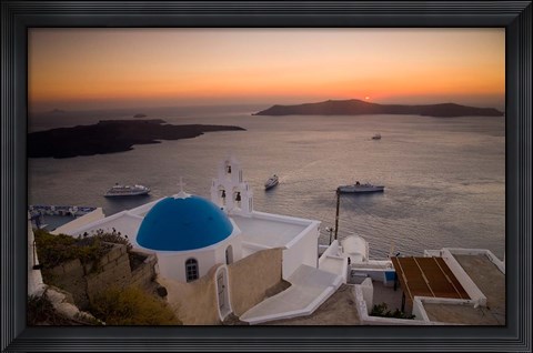 Framed Blue Domed Church and Bell Tower, Fira, Santorini, Greece Print