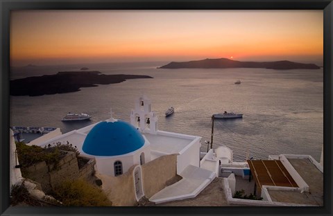 Framed Blue Domed Church and Bell Tower, Fira, Santorini, Greece Print