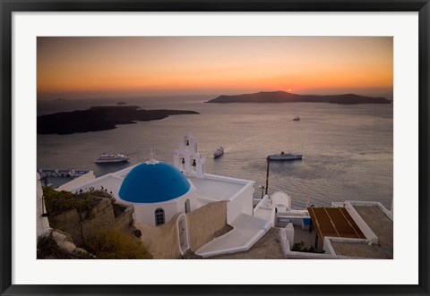 Framed Blue Domed Church and Bell Tower, Fira, Santorini, Greece Print