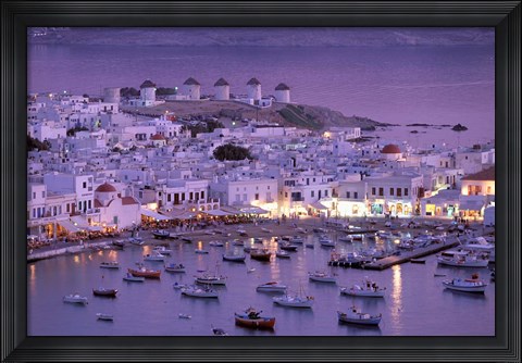 Framed Overview of Mykonos Town harbor, Mykonos, Cyclades Islands, Greece Print