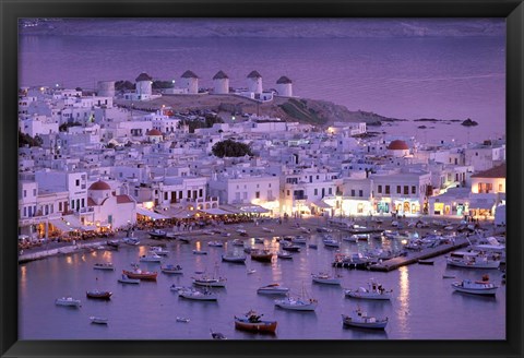 Framed Overview of Mykonos Town harbor, Mykonos, Cyclades Islands, Greece Print